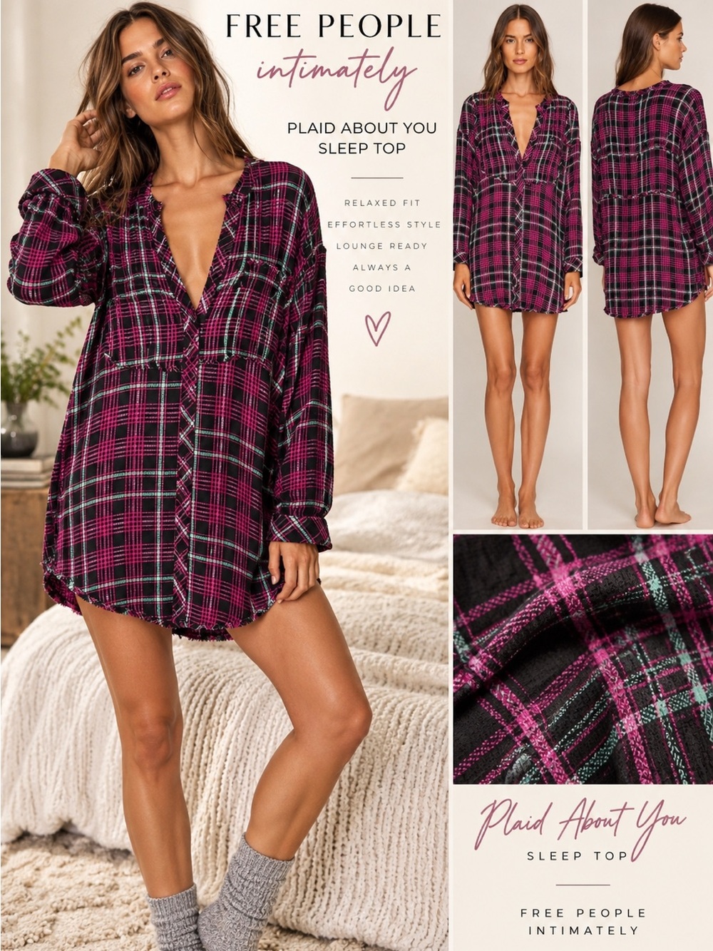 Free People Intimately Plaid About You Sleep Top M Magenta Black Plaid Tunic